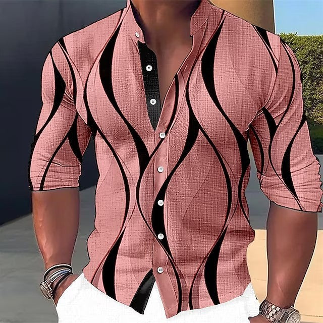 Summer New Plus Size Men's Casual Slim-fit Fashion 3D Printed Long-sleeved Shirt