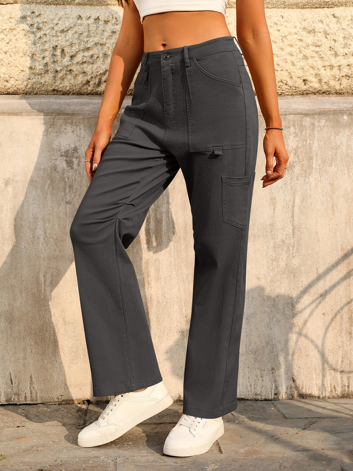 Mid-Rise Waist Pants with Pockets