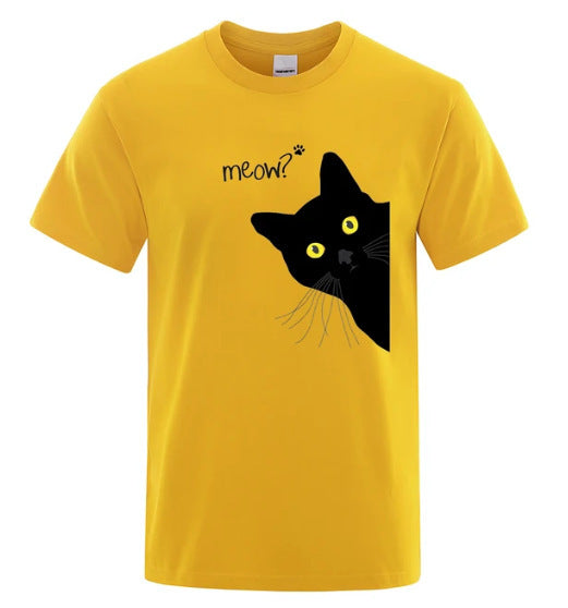 Men's Black Cat Print Loose Street Short Sleeve