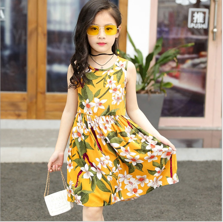 Summer Korean version of the big children's cotton silk dress girl floral dress skirt skirt children's beach skirt