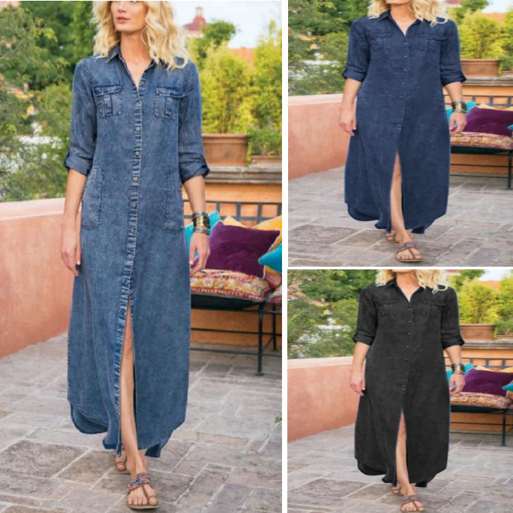 Summer New Women's Loose Solid Color Casual Single-breasted Denim Dress