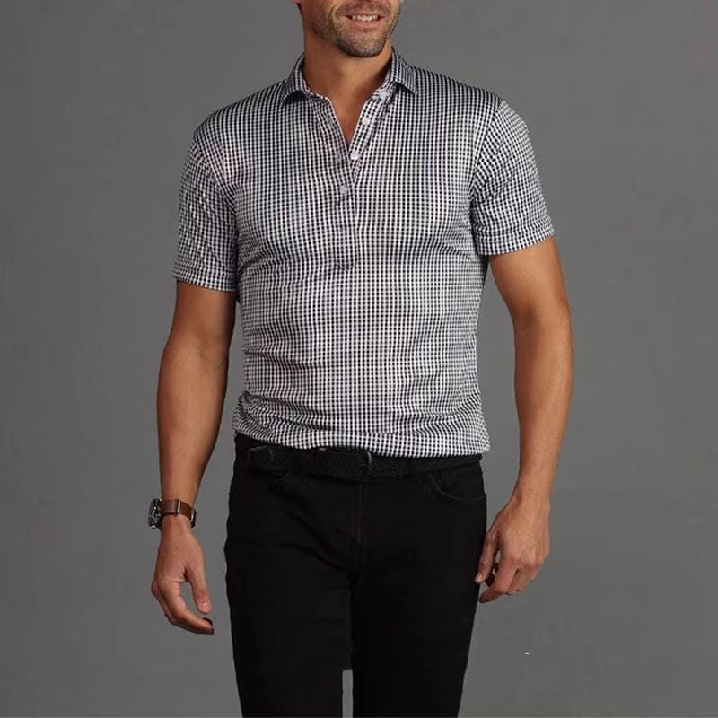 Solid Color Printing Plaid Short Sleeve Half Collar Men