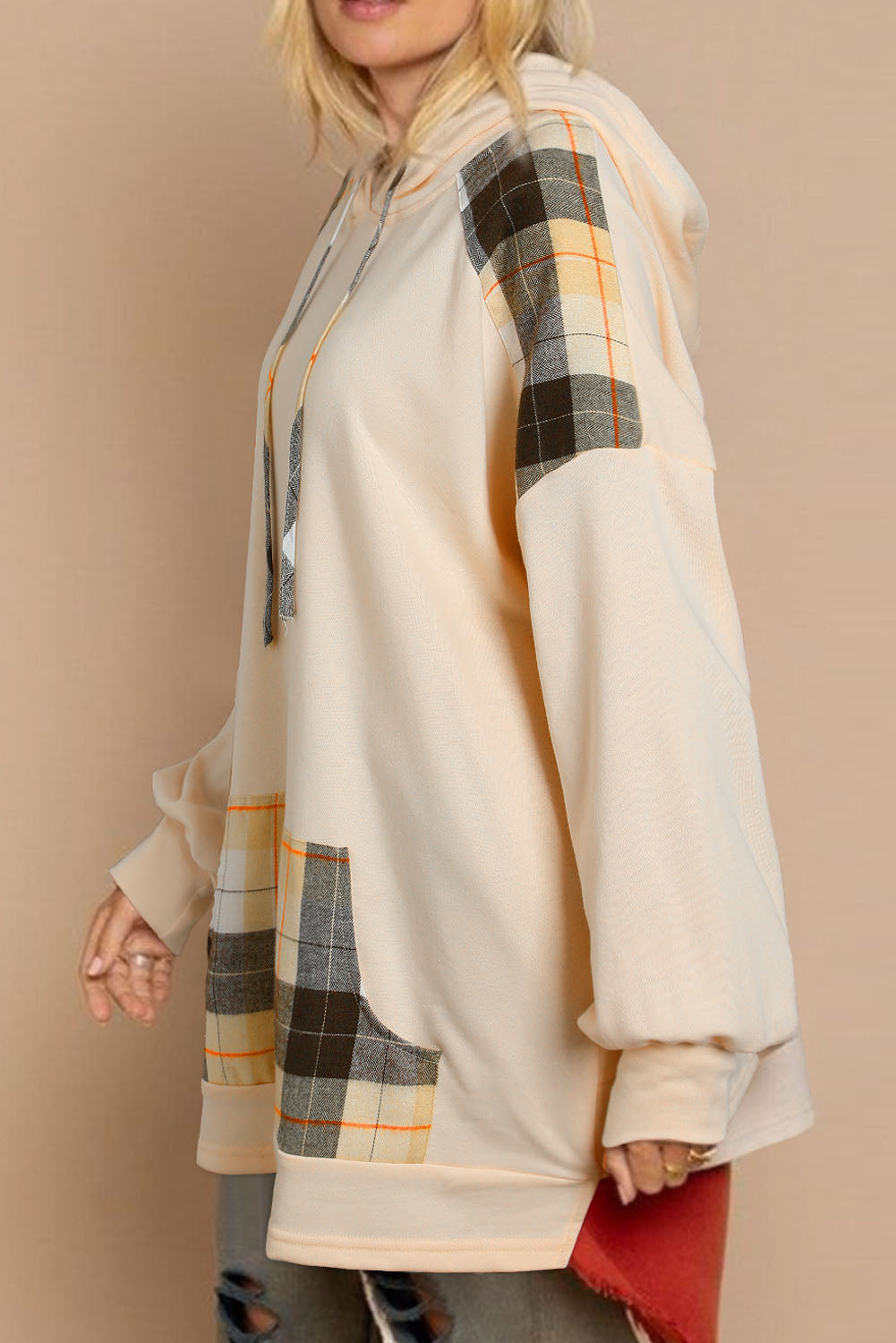 Plaid Drawstring Drop Shoulder Hoodie with Pocket