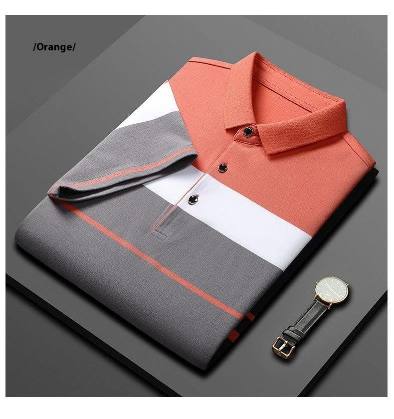 Cotton Striped Stitching Polo Shirt Men's High-end Light Business Striped T-shirt