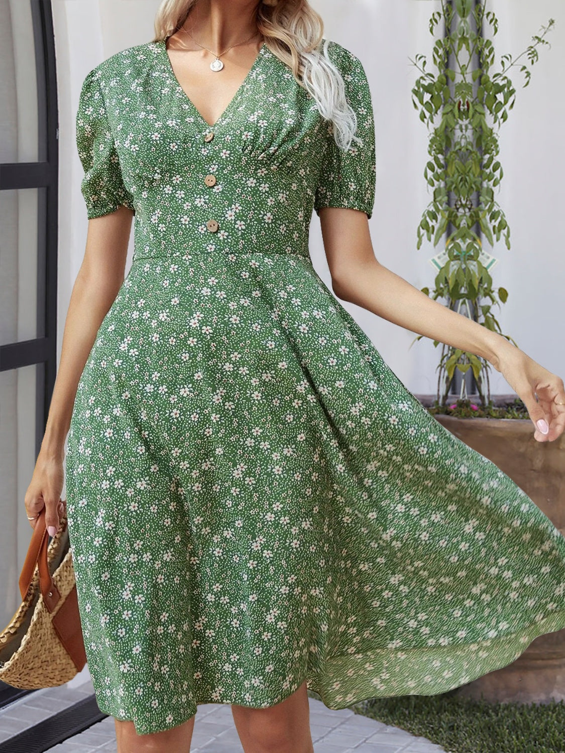 Printed V-Neck Short Sleeve Dress