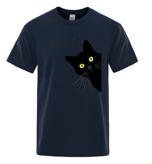 Men's Black Cat Print Loose Street Short Sleeve