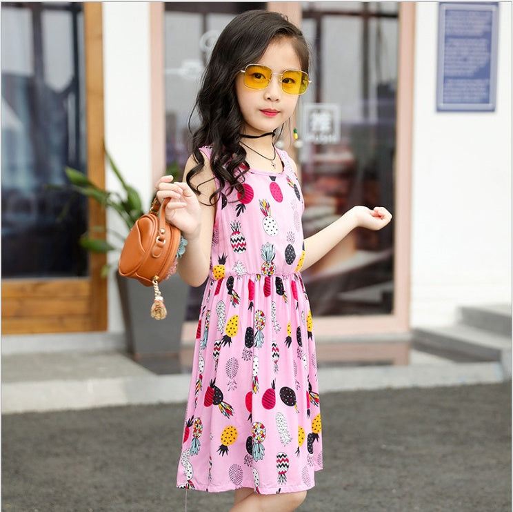 Summer Korean version of the big children's cotton silk dress girl floral dress skirt skirt children's beach skirt