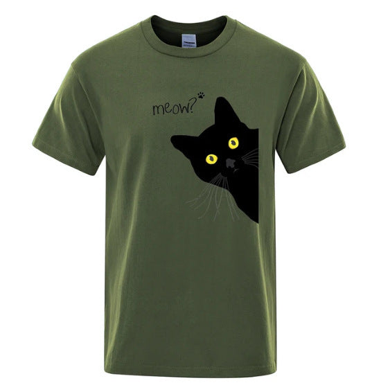 Men's Black Cat Print Loose Street Short Sleeve