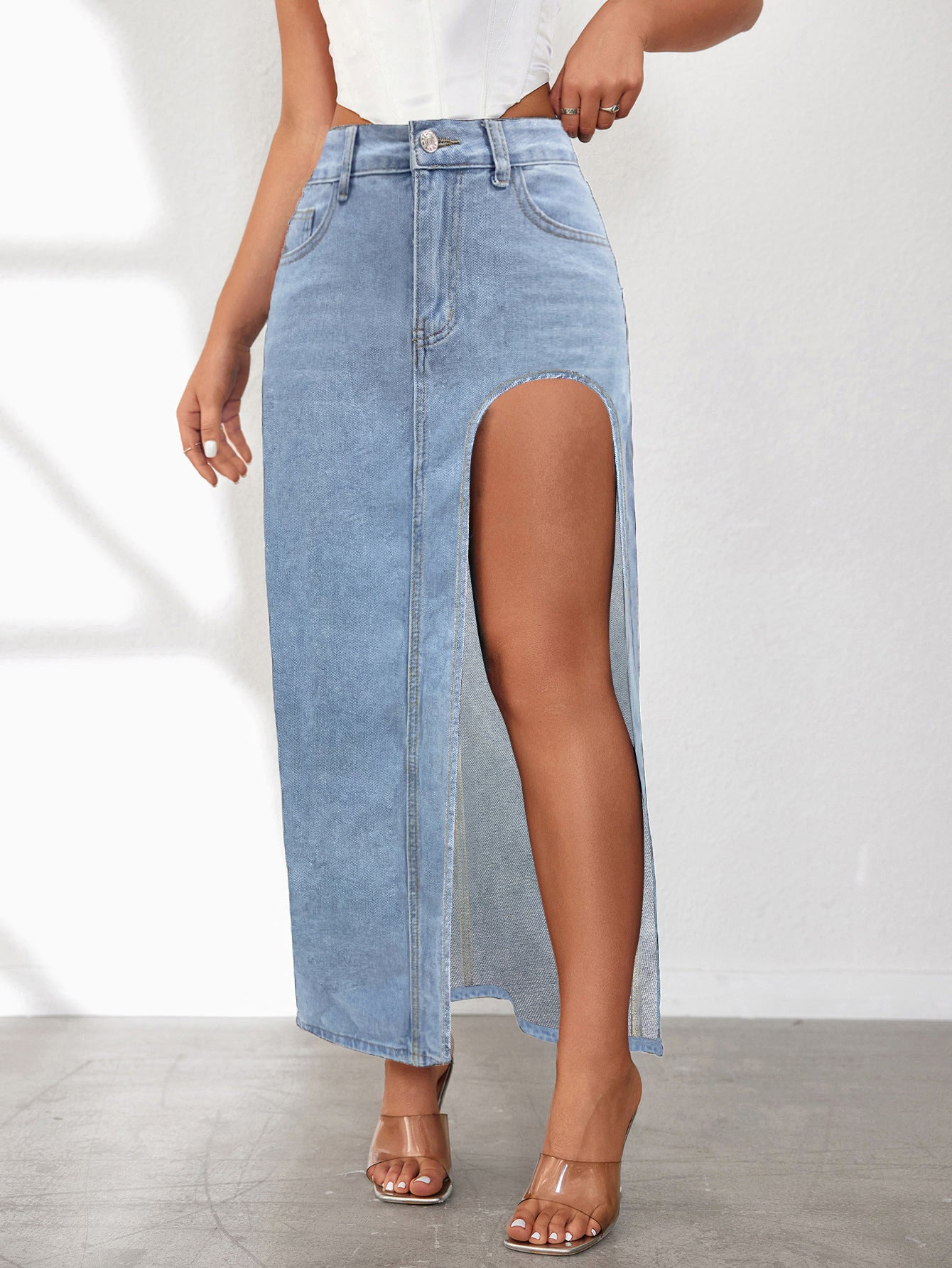 High Slit Denim Skirt Women's Washed Solid Color Midi Skirt