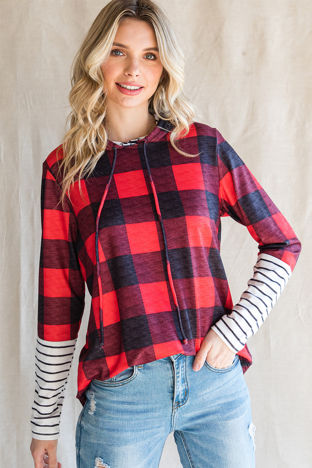 Plaid Striped Long Sleeve Hoodie