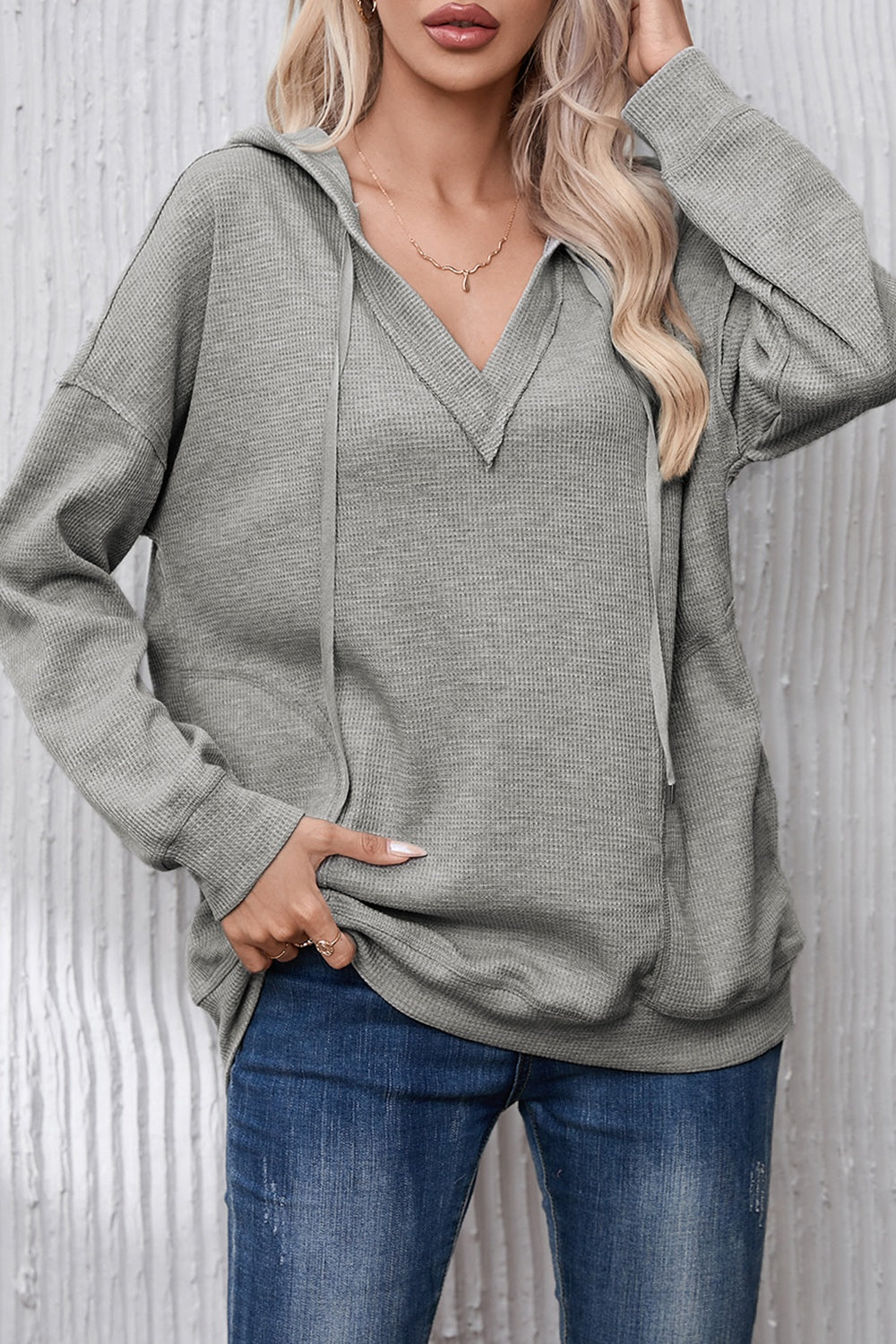 Drawstring Pocketed Dropped Shoulder Hoodie