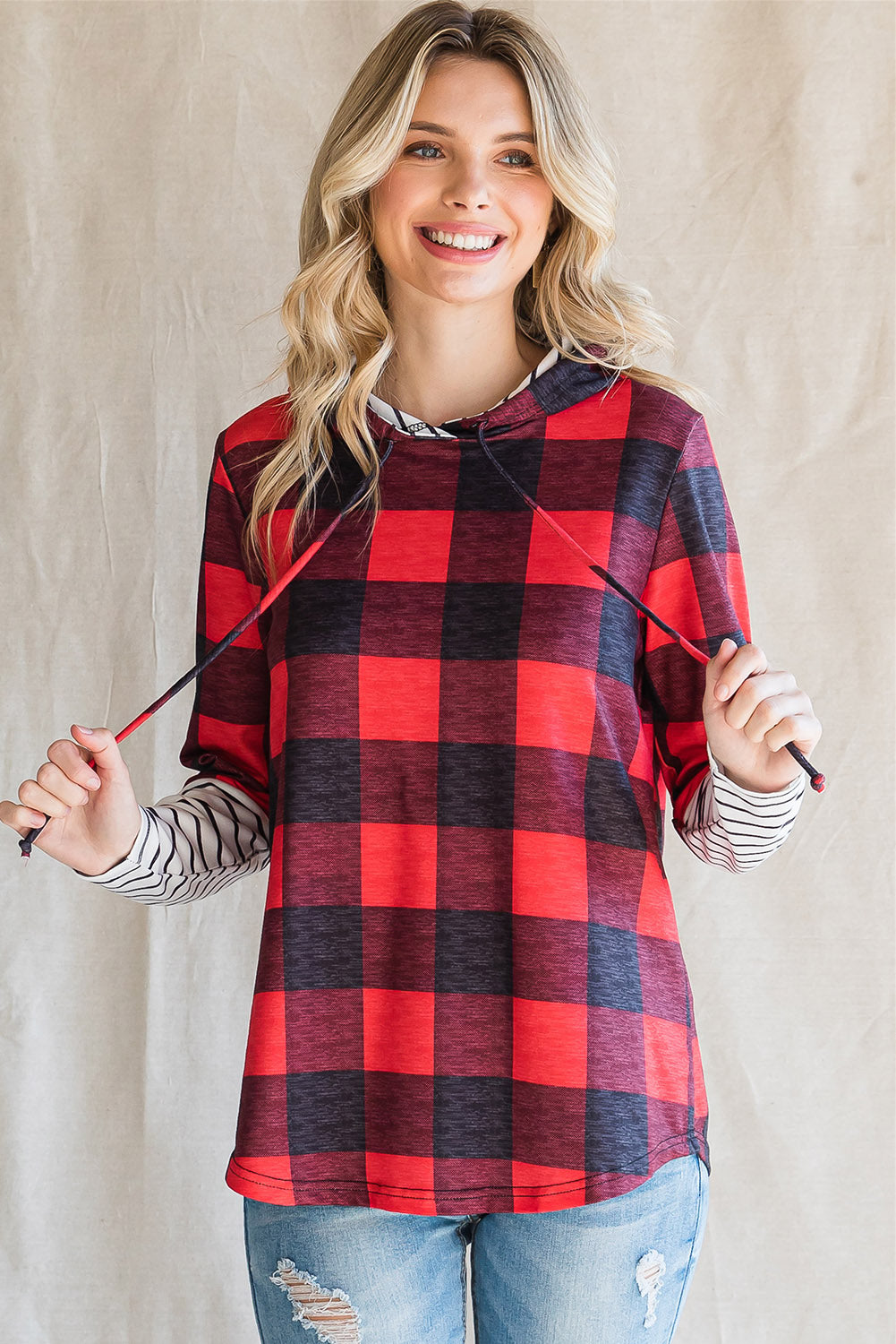 Plaid Striped Long Sleeve Hoodie