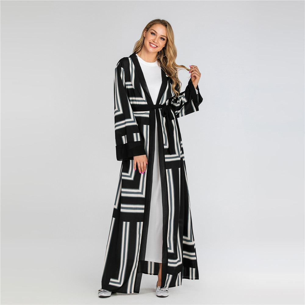 Striped Loose Lace Up Cardigan Robe Women