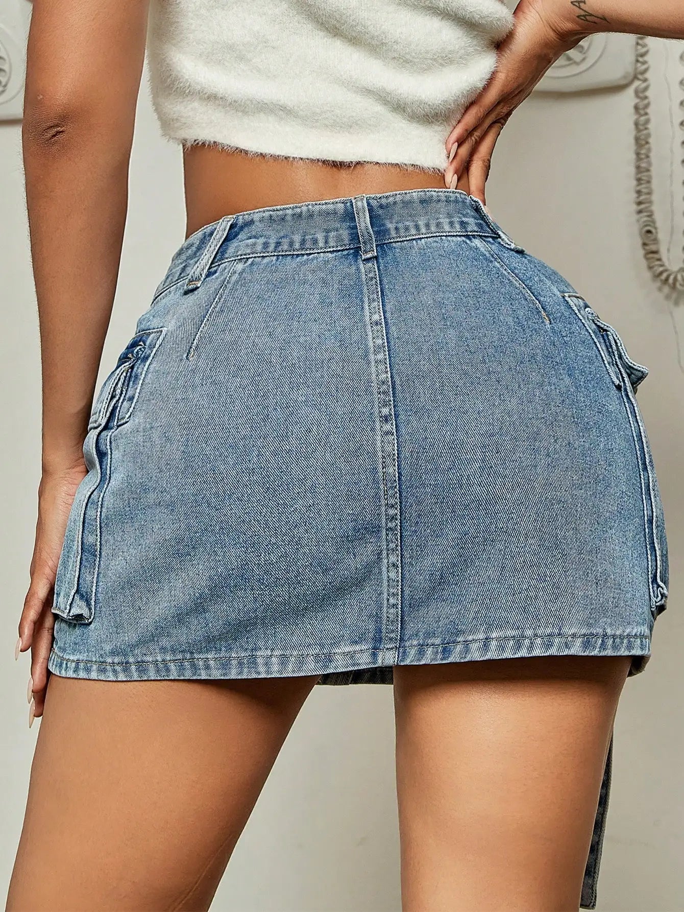 Trendy Street Style Flap Pocket Denim Mini Skirt