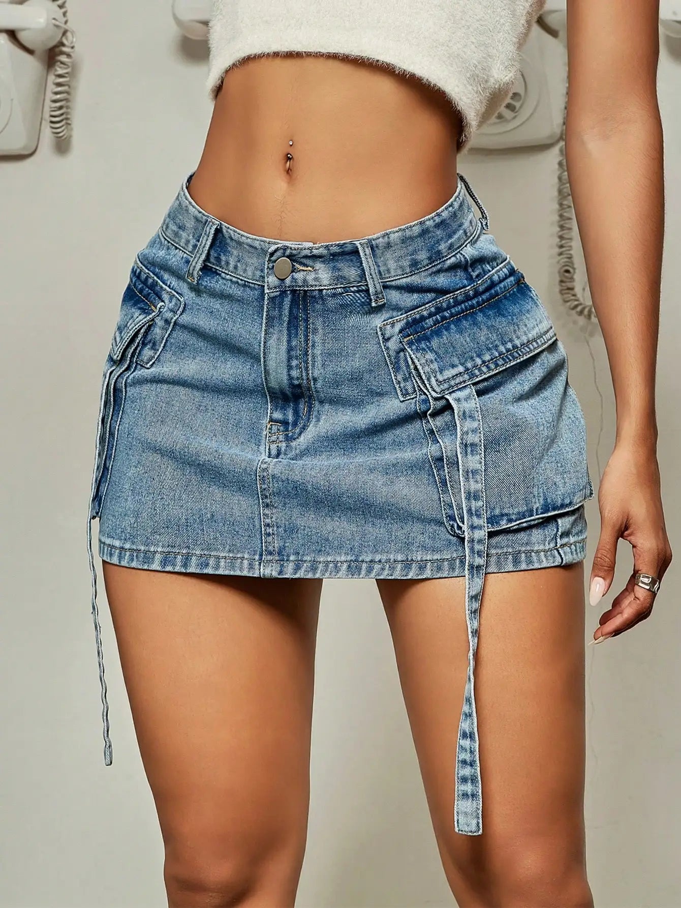 Trendy Street Style Flap Pocket Denim Mini Skirt