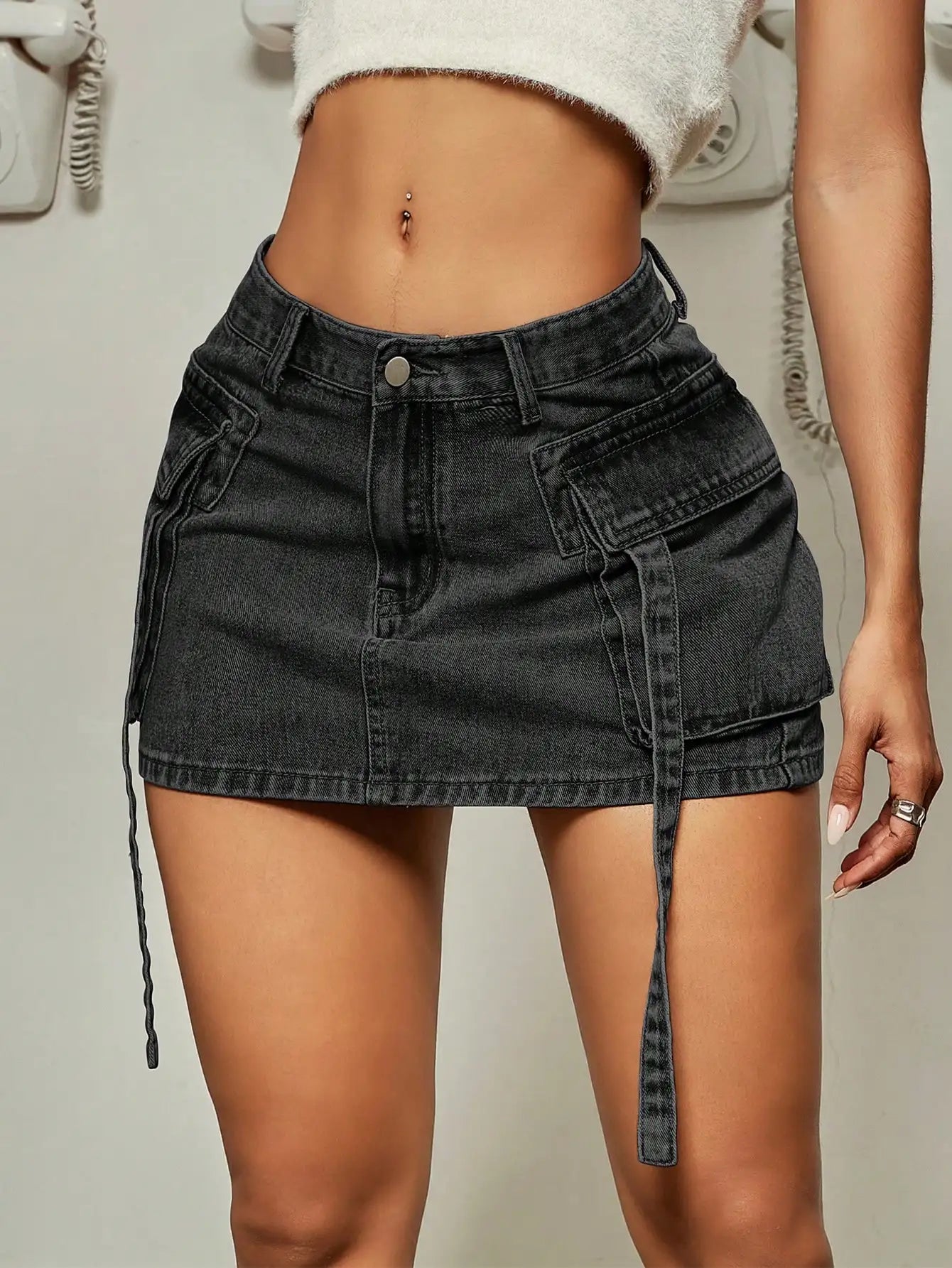 Trendy Street Style Flap Pocket Denim Mini Skirt