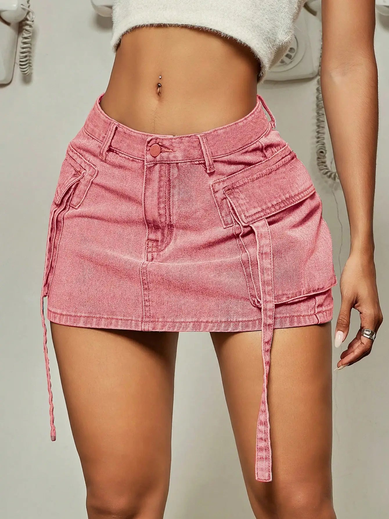 Trendy Street Style Flap Pocket Denim Mini Skirt