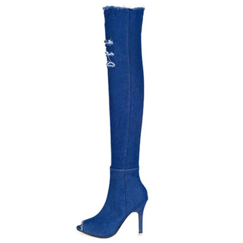 Fashion Denim High Heels Knee Boots