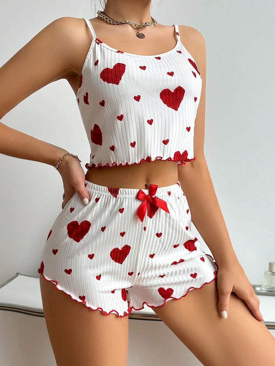 Heart Printing Suspender Shorts Casual Sunken Stripe Outerwear European And American Style Women Pajamas