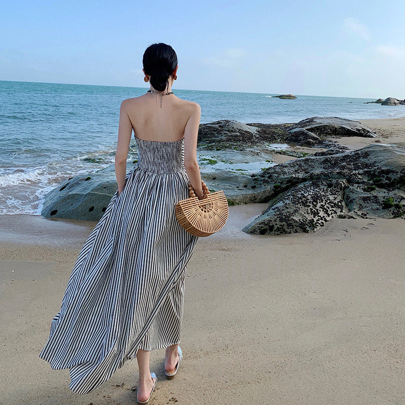 Off-neck Pleated High Waist A- Line Tube Top Beach Dress