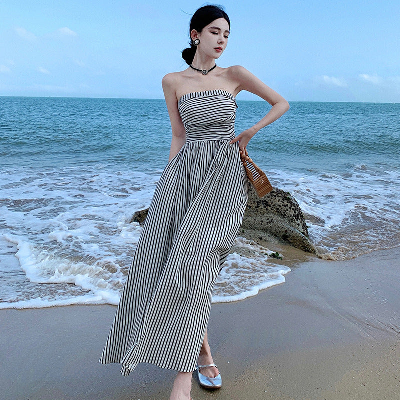 Off-neck Pleated High Waist A- Line Tube Top Beach Dress