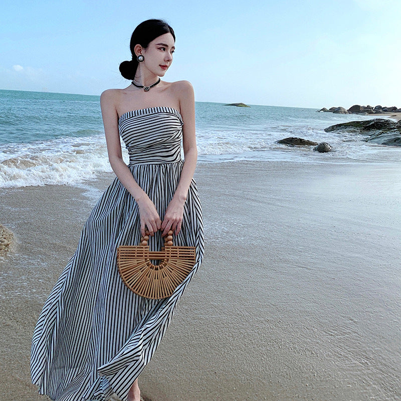 Off-neck Pleated High Waist A- Line Tube Top Beach Dress