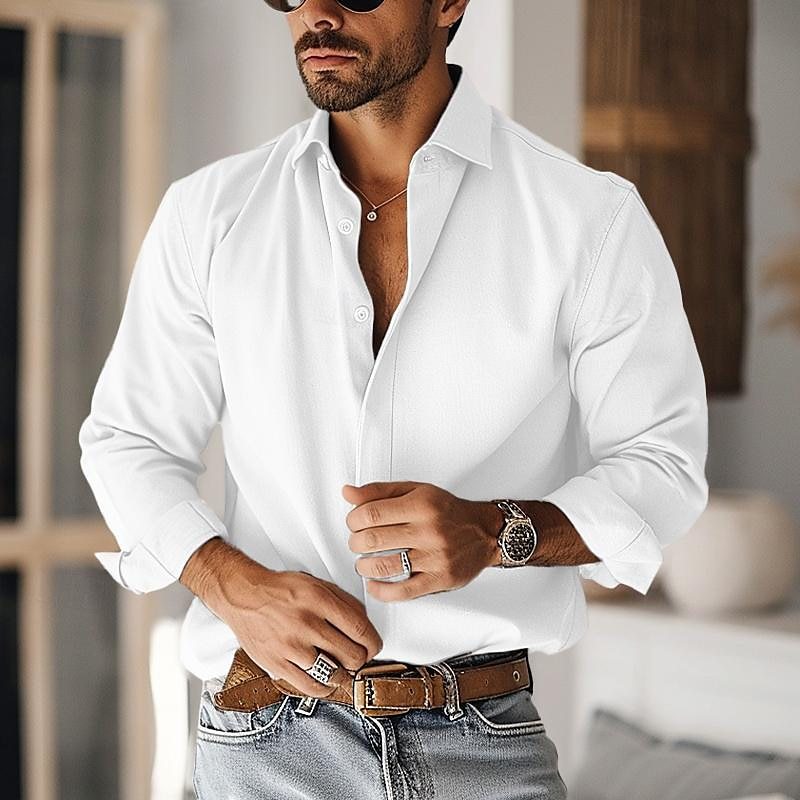 Men's Double Placket Long-sleeved Thickened Shirt Home Casual Drape Lapel