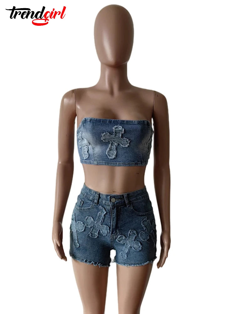 Denim 2-Piece Strapless Cargo Set