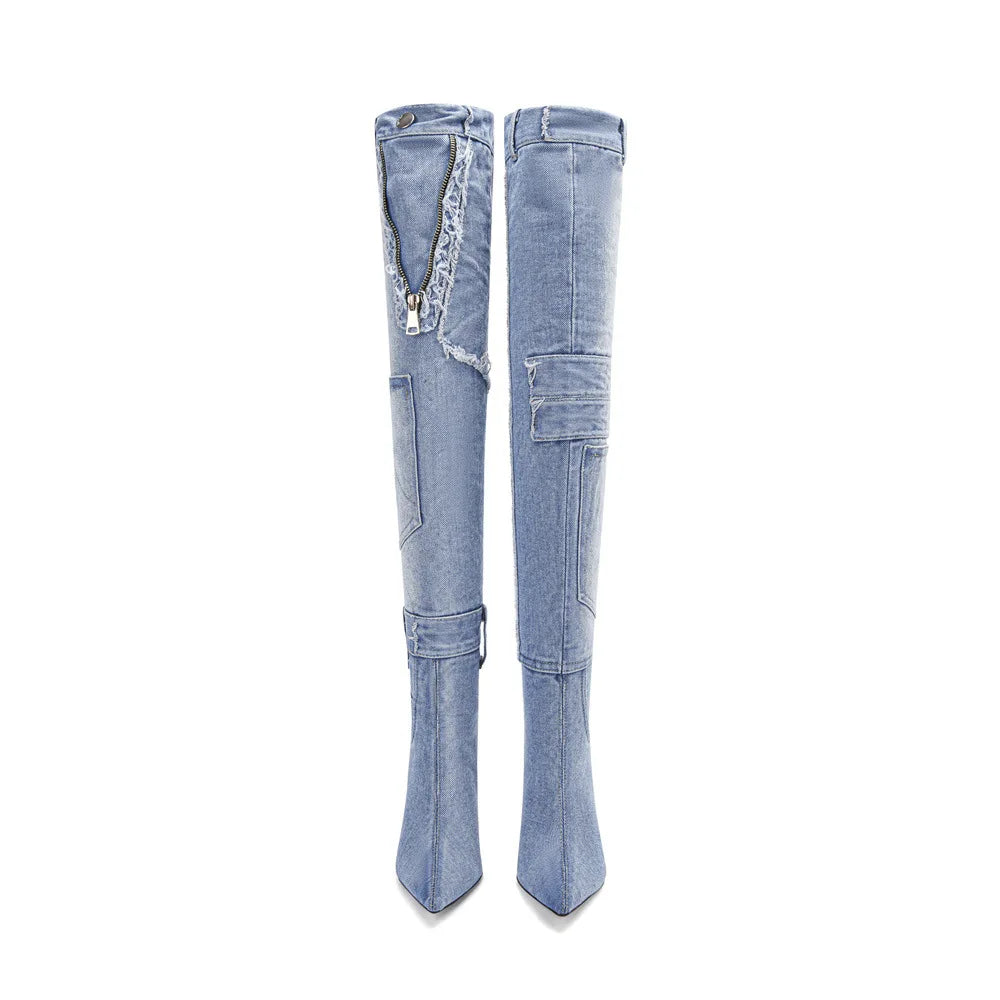 Emma King High Heels Denim Over The Knee Boots
Pointed Toe V Zipper