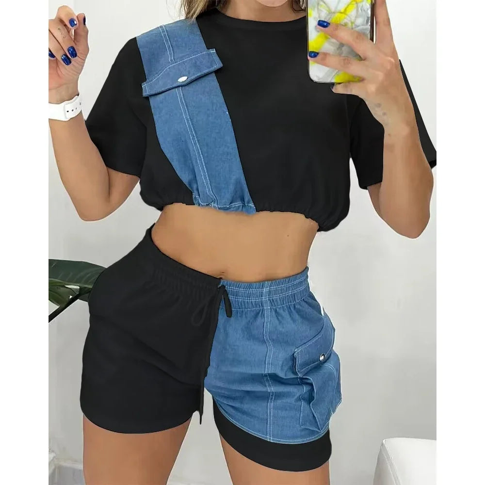 2-piece Set Colorblock Denim Patch O-Neck Short Sleeve