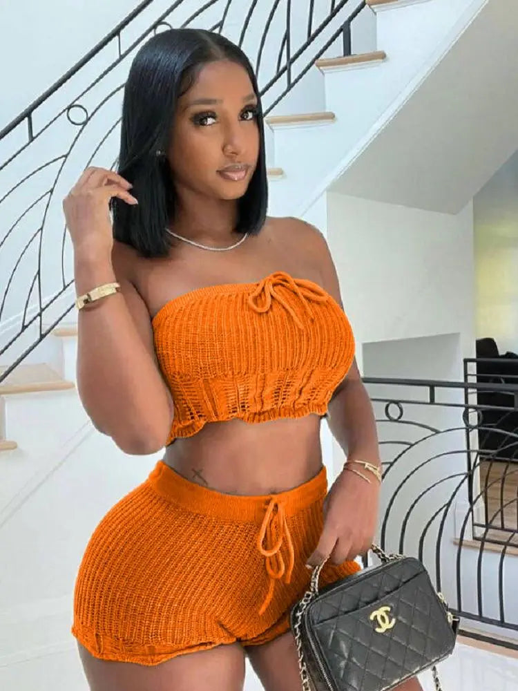 Knitted 2-Piece Set Solid Off Shoulder Crop Top