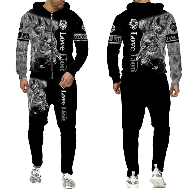 Men's Tracksuit 3D Lion Print 
Zipper Hoodie/Pants Set