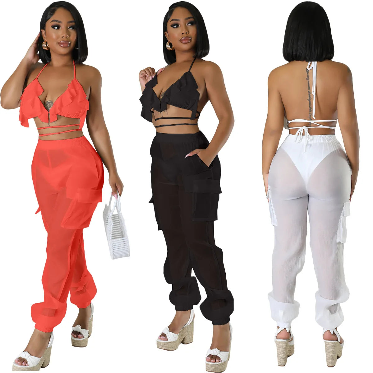 Solid Color Sheer Mesh 3-piece Set