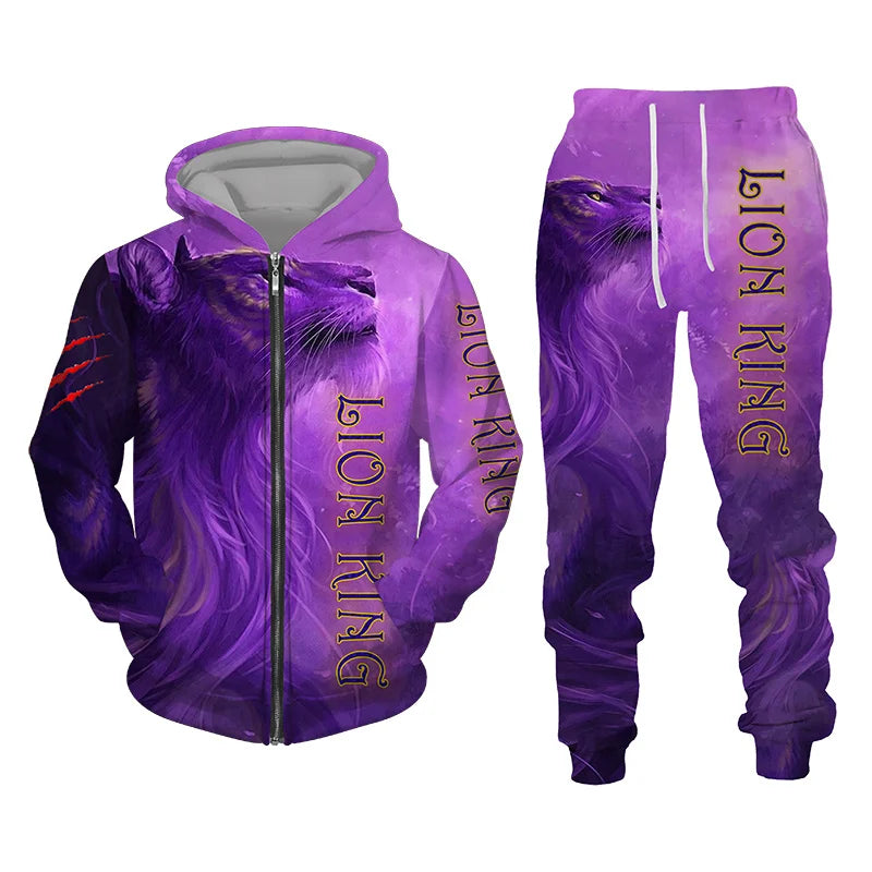 Men's Tracksuit 3D Lion Print 
Zipper Hoodie/Pants Set