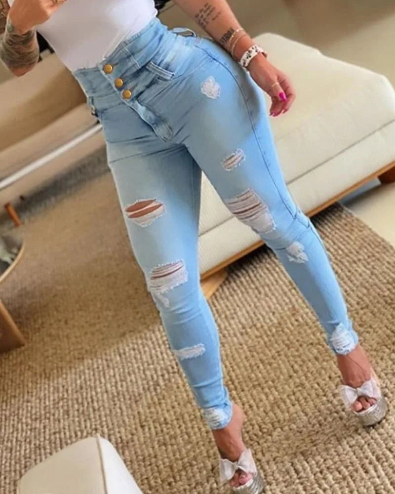 High Waist Casual Long Sheath Denim