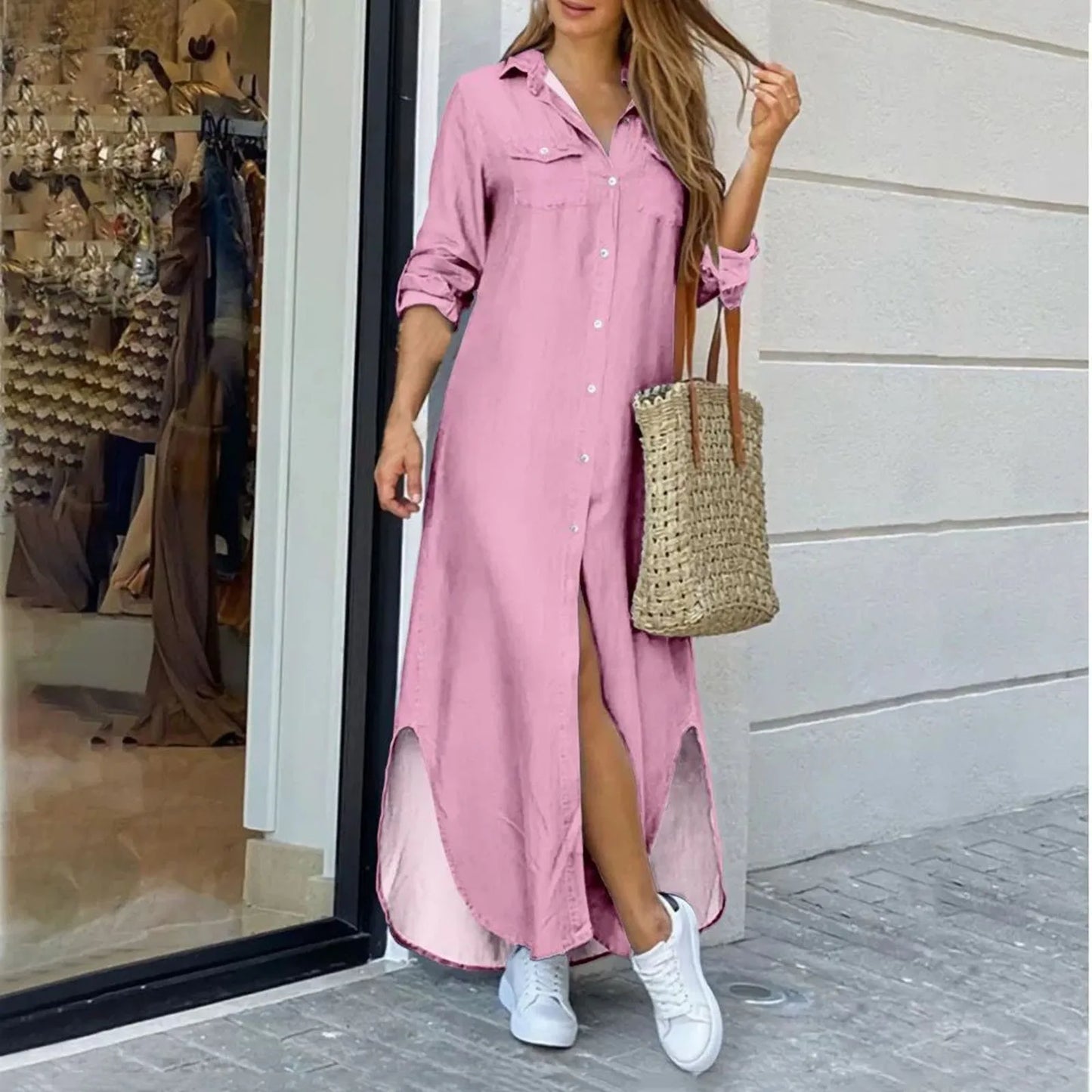 Elegant Shirt Dress Women 
Long Sleeve/Button