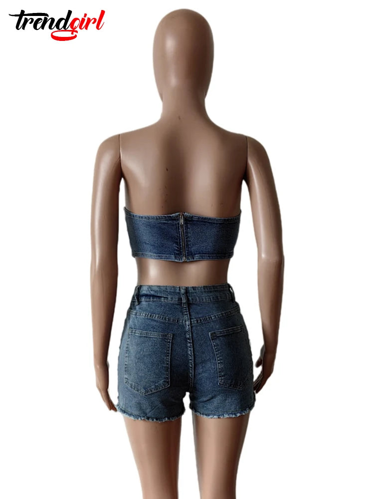 Denim 2-Piece Strapless Cargo Set