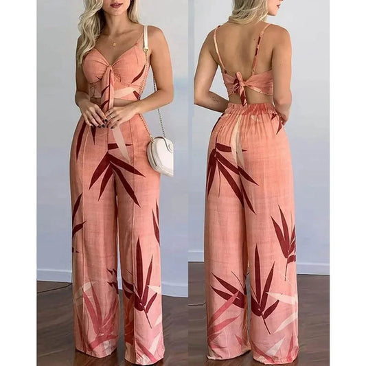 Tropical Spaghetti Strap High Waist Pants 2-Piece Set