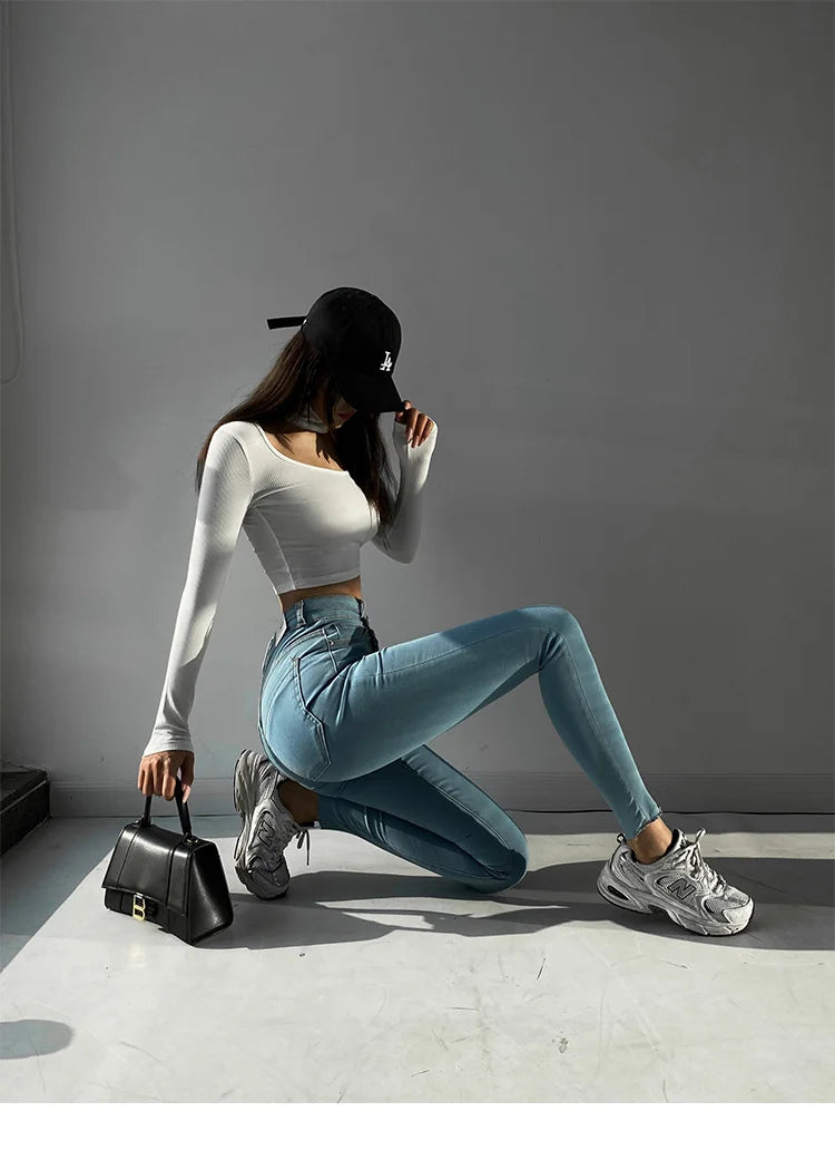 New Oblique High Waist Slim Elastic Jeans