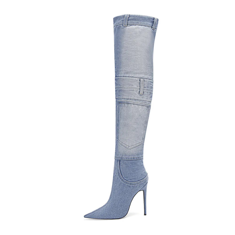 Emma King High Heels Denim Over The Knee Boots
Pointed Toe V Zipper