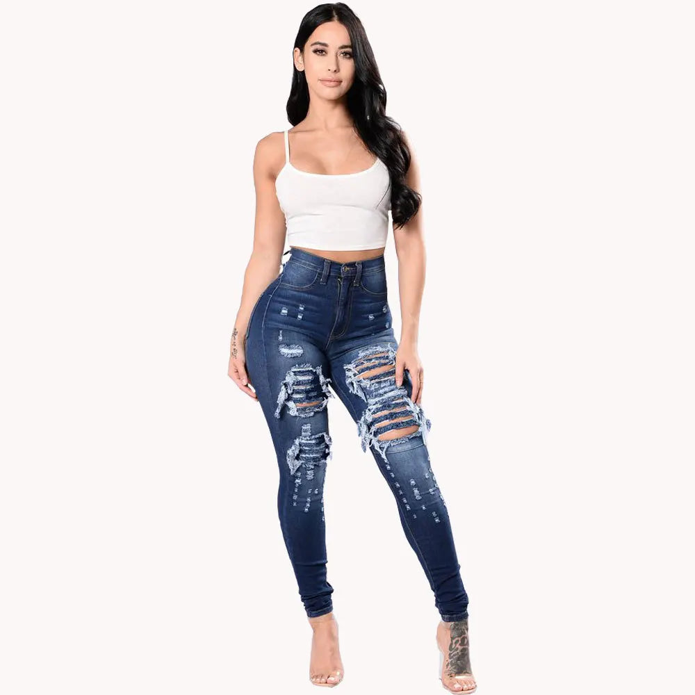 Stretch Skinny Ripped Hole Washed Denim Jeans