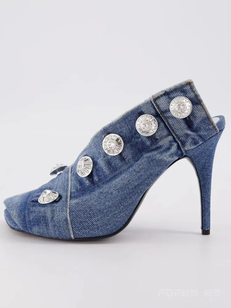 Big Diamond Denim Jeans High Heels