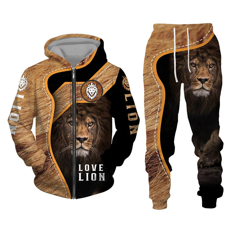 Men's Tracksuit 3D Lion Print 
Zipper Hoodie/Pants Set