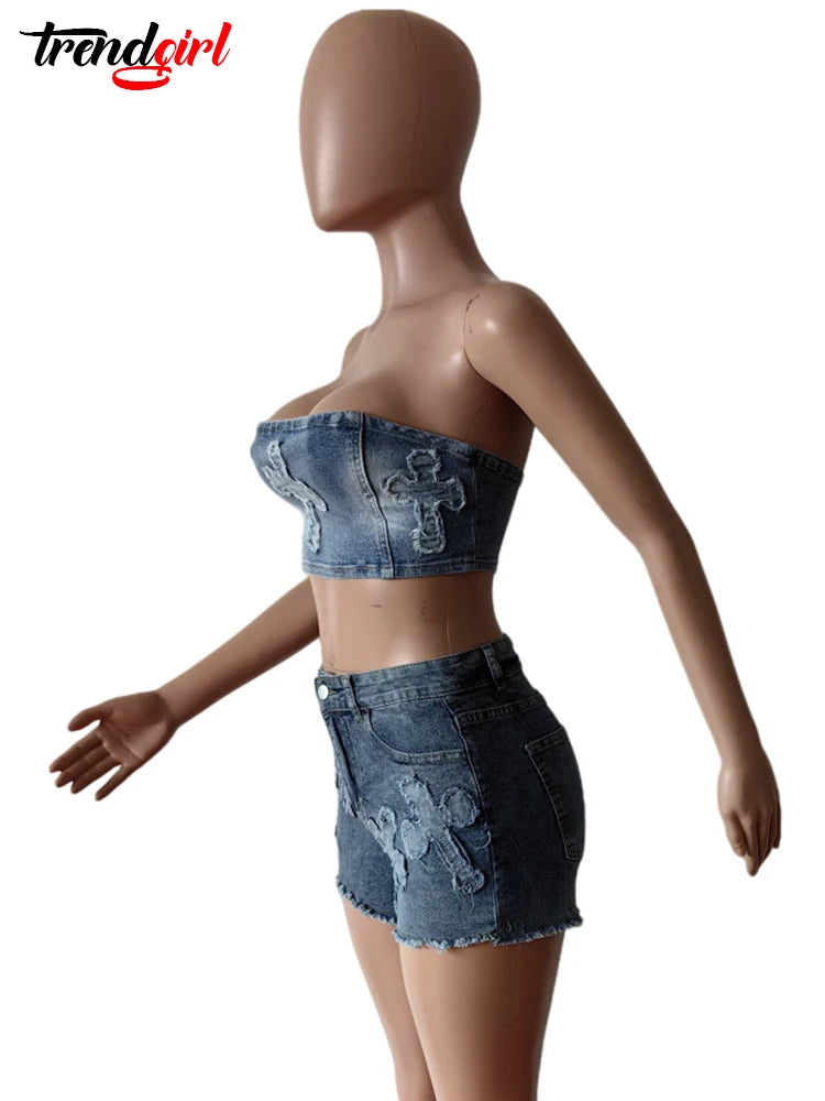 Denim 2-Piece Strapless Cargo Set