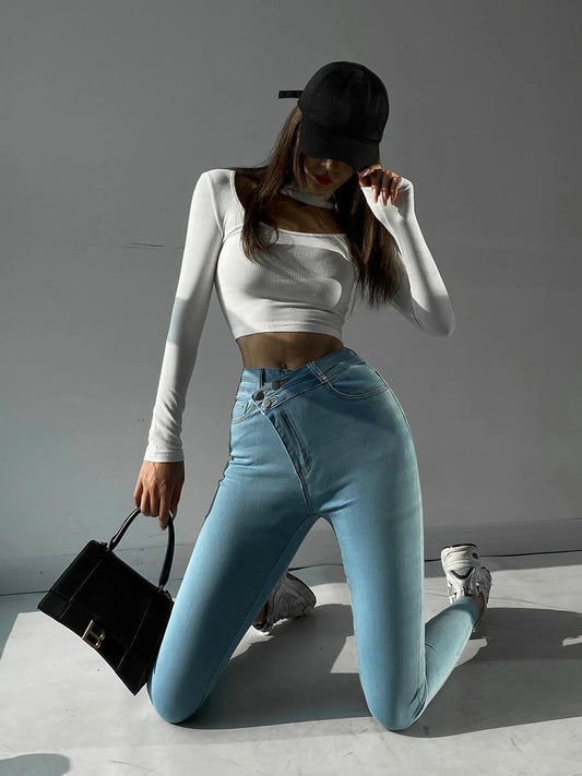 New Oblique High Waist Slim Elastic Jeans