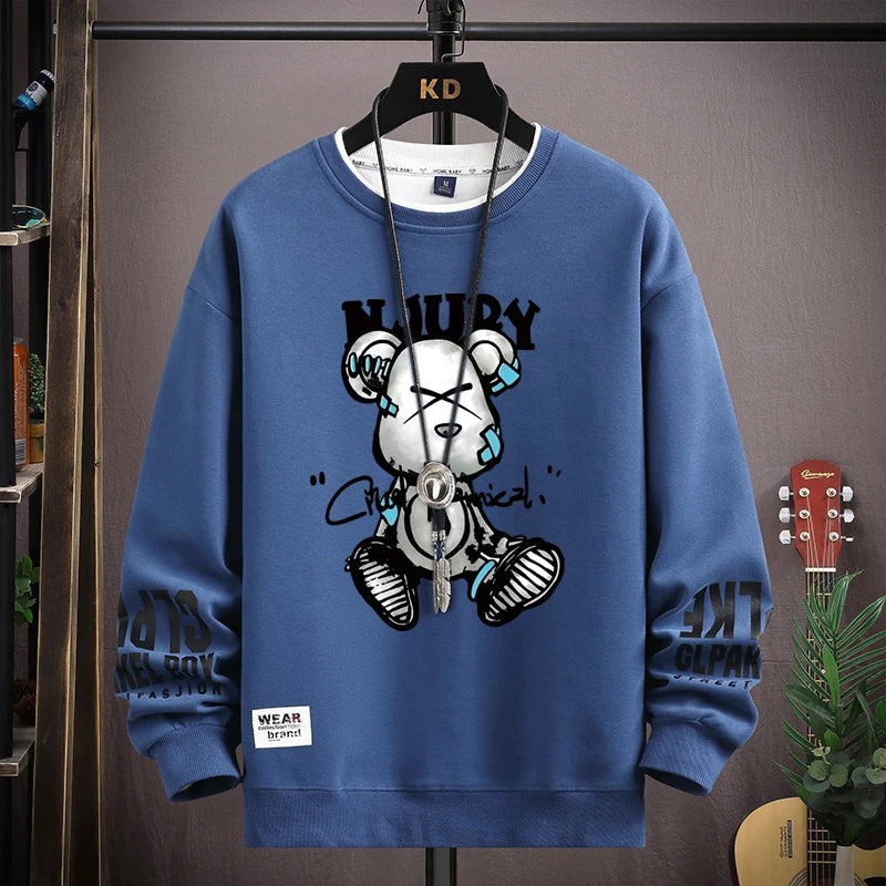 Men's Sweatshirt Cool Bear Print Long Sleeve Fashion 
Men's Clothing Khaki O Neck Harajuku Exclusive Design Top