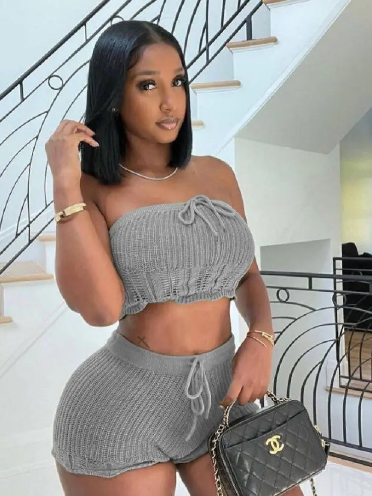 Knitted 2-Piece Set Solid Off Shoulder Crop Top