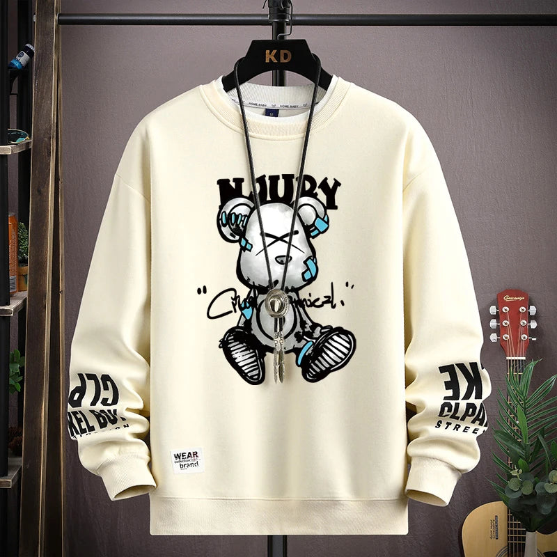 Men's Sweatshirt Cool Bear Print Long Sleeve Fashion 
Men's Clothing Khaki O Neck Harajuku Exclusive Design Top