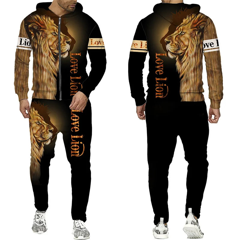 Men's Tracksuit 3D Lion Print 
Zipper Hoodie/Pants Set