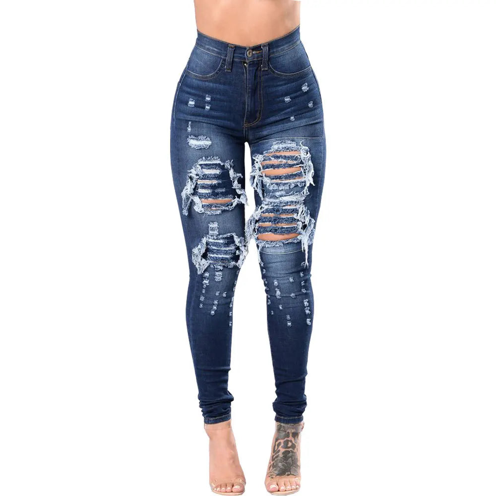 Stretch Skinny Ripped Hole Washed Denim Jeans